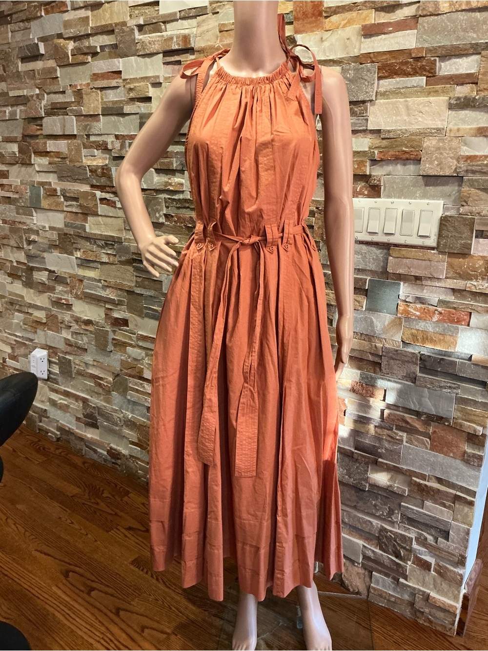 Ulla Johnson Coral-Orange Tie-Neck Maxi Dress